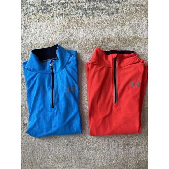 SET (2) Under Armour Run Men's Size S HEATGEAR 1/4 Zip Pullover Run Blue Red - Picture 1 of 12